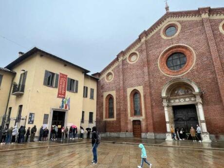 The brick exterior of Santa Maria delle Grazie in Milan which houses The Last Supper famous painting.