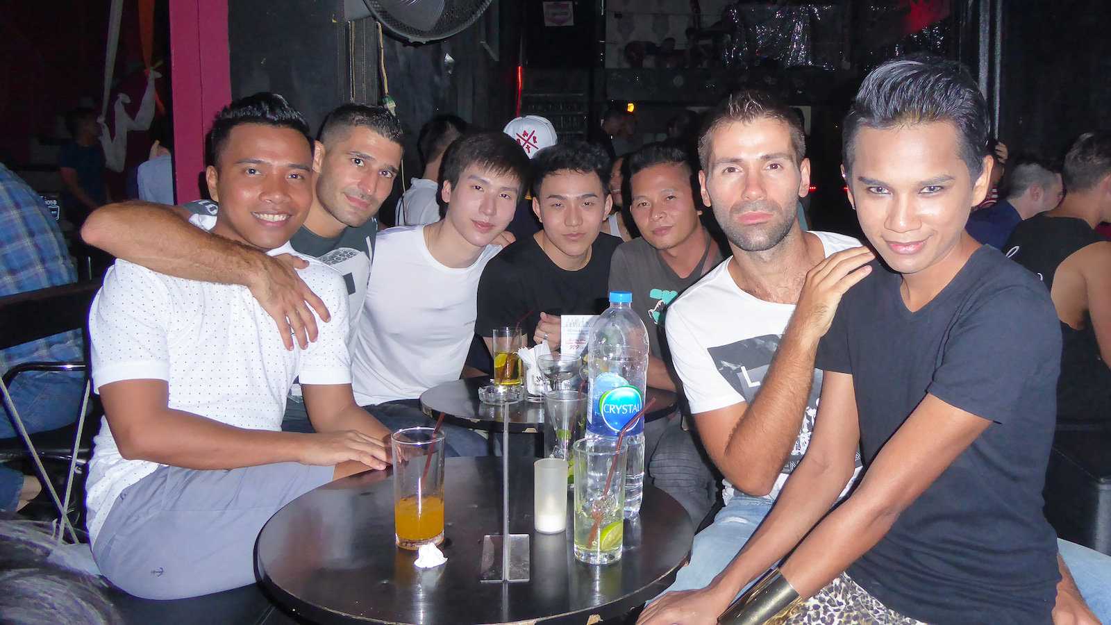 Stef and Seby with local friends in a bar in the Phra Khanong gay neighborhood of Bangkok.