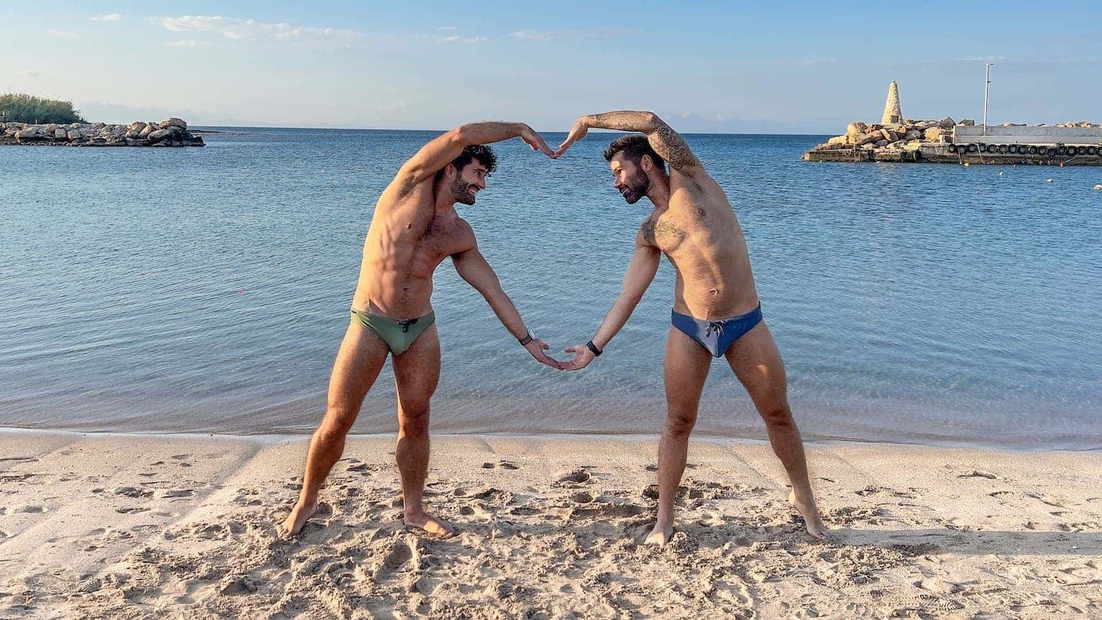 Stefan and Seby creating a giant heart on the beach in Cyprus.
