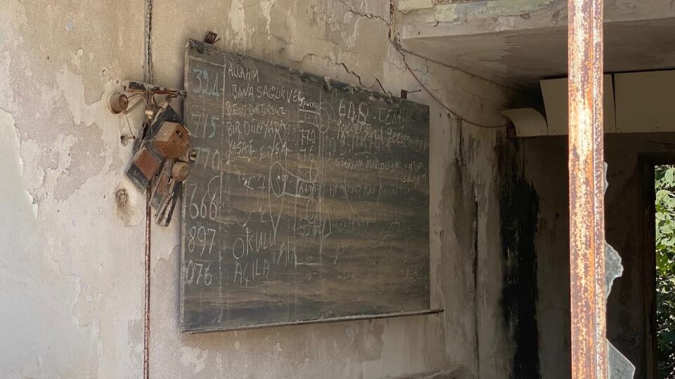 Abandoned chalkboard in a shop front in Varosi ghost town which used to display the latest football results.