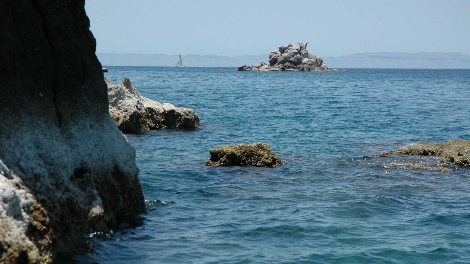 A sailing boat in the far distance with rocks and clear blue water in the foreground.