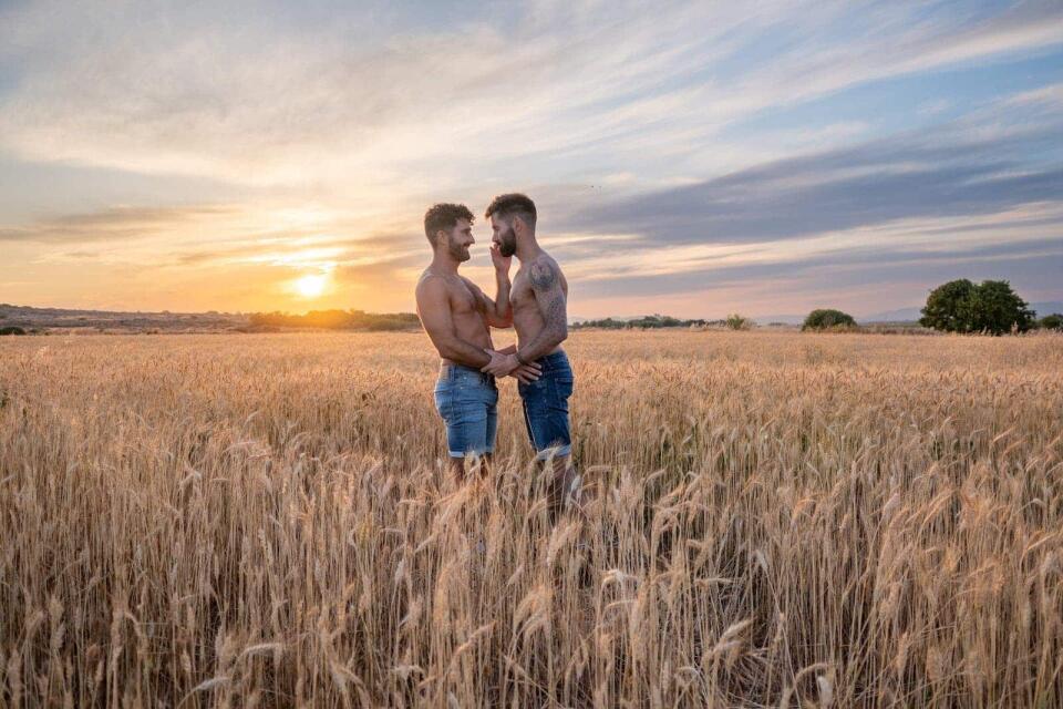 Gay couple Stef and Seby from Nomadic Boys, in a wheat field at sunset in Cyprus.