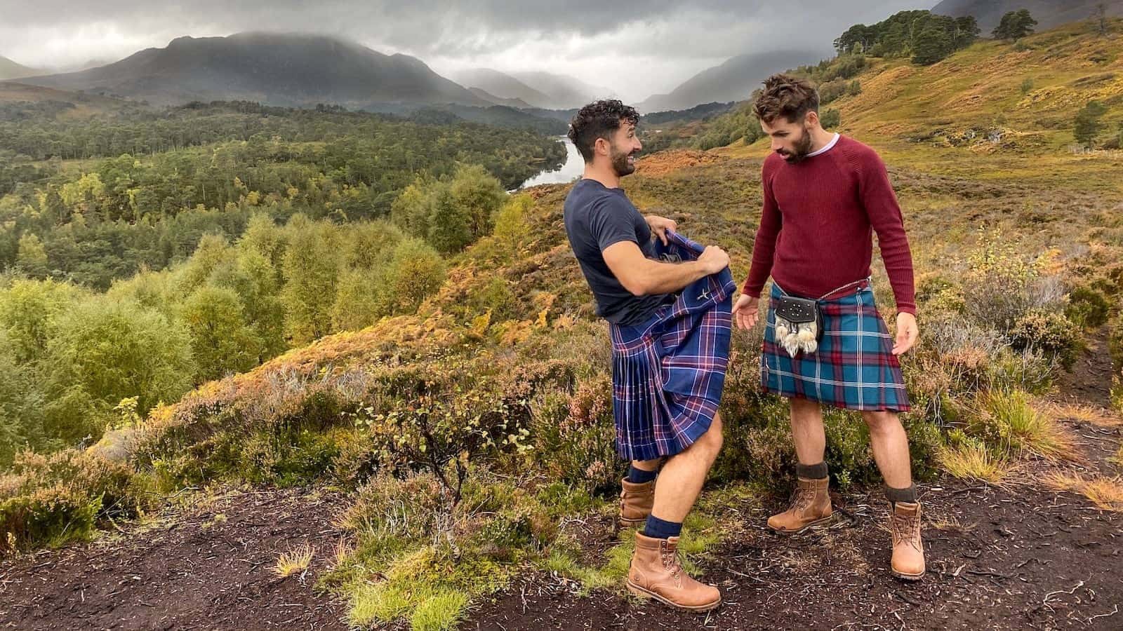 Gay couple in Scotland: Stefan showing Seby what he has on under his kilt!