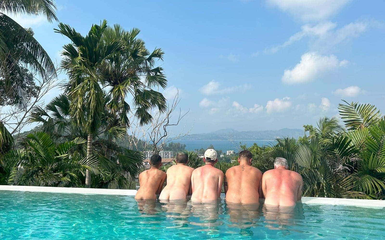 Everything To Sea Thailand villa group of naked men in pool.