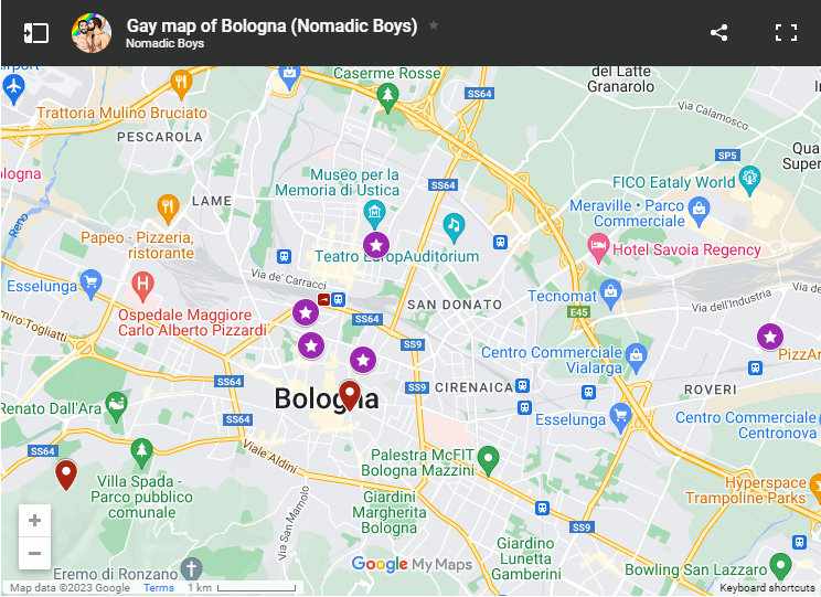 A map of Bologna with places of interest to gay travelers marked in red and purple.