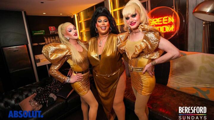 Three fabulous drag queens in gold dresses at the Beresford pub in Sydney, Australia.