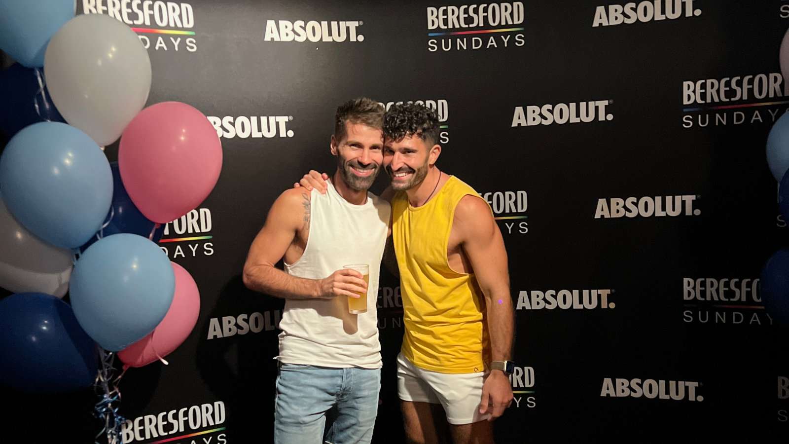 Stefan and Seby posing at The Beresford Sundays gay party in Sydney.