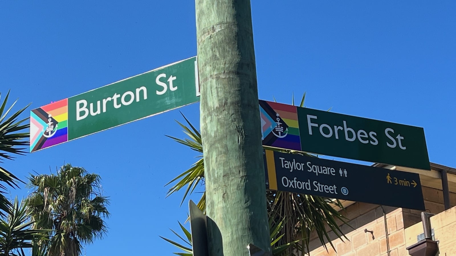 Darlinghurst gay neighborhood road signs with rainbows.