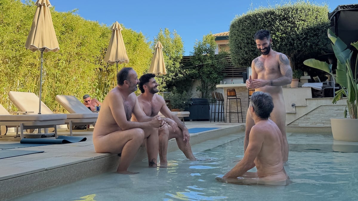 Naked guys by the villa pool in The Naked French Experience.