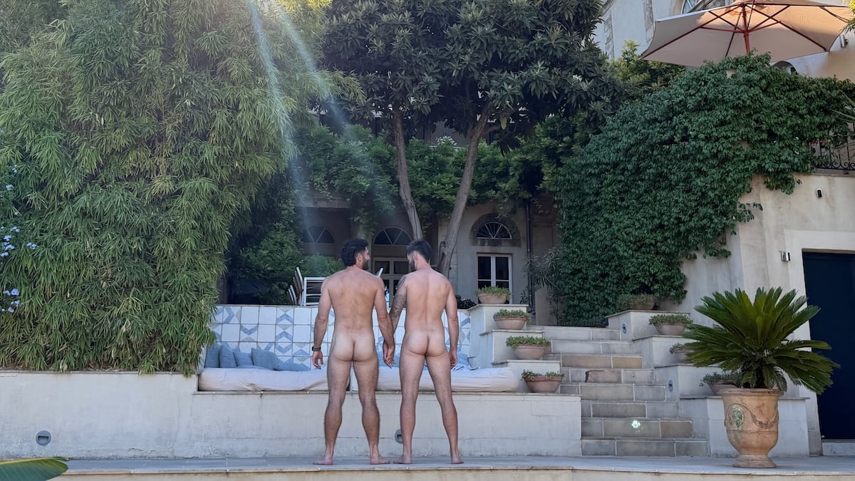 Stef and Seby naked by the villa pool.