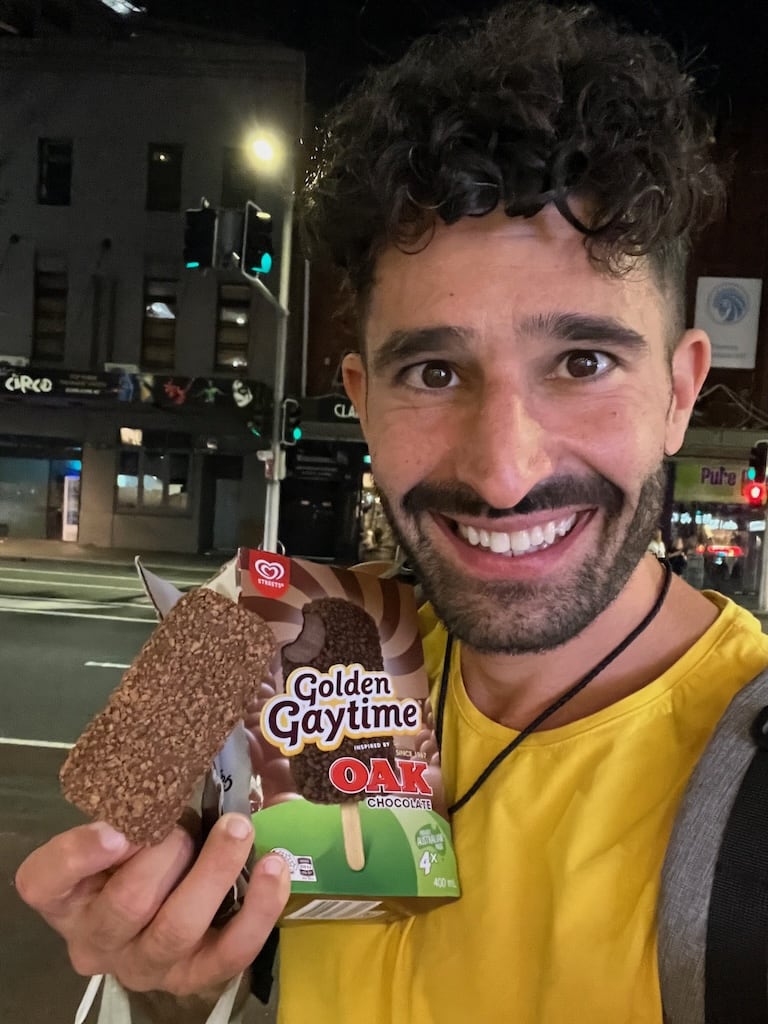 Stefan with a Golden Gaytime ice cream in Sydney.