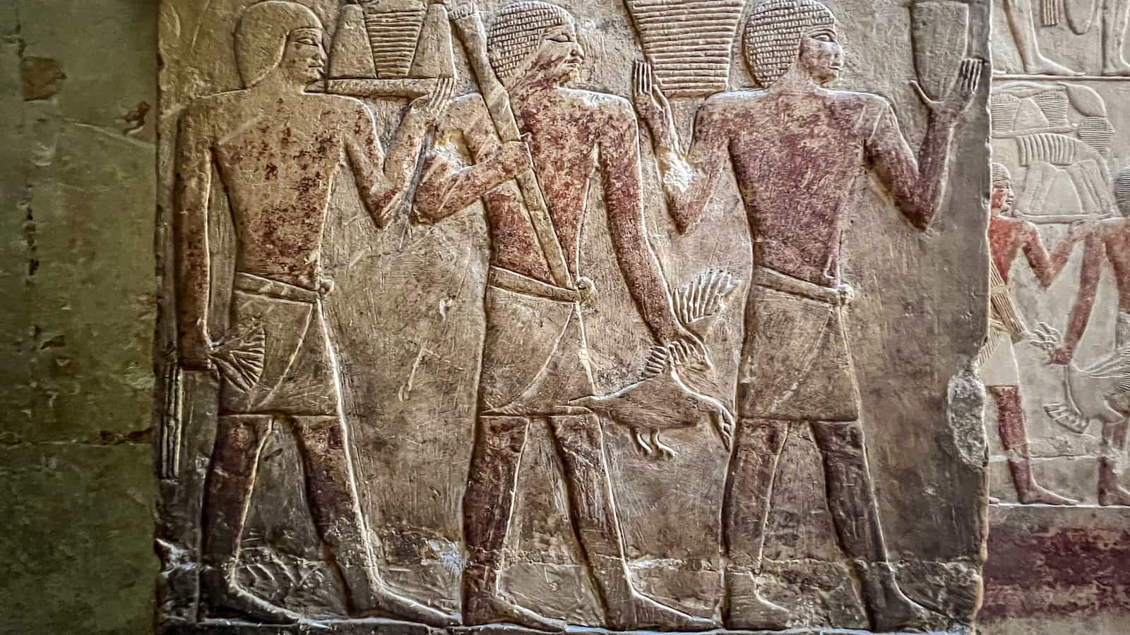 Ancient Egyptian tomb wall at Saqqara Step pyramid in Giza, Egypt.