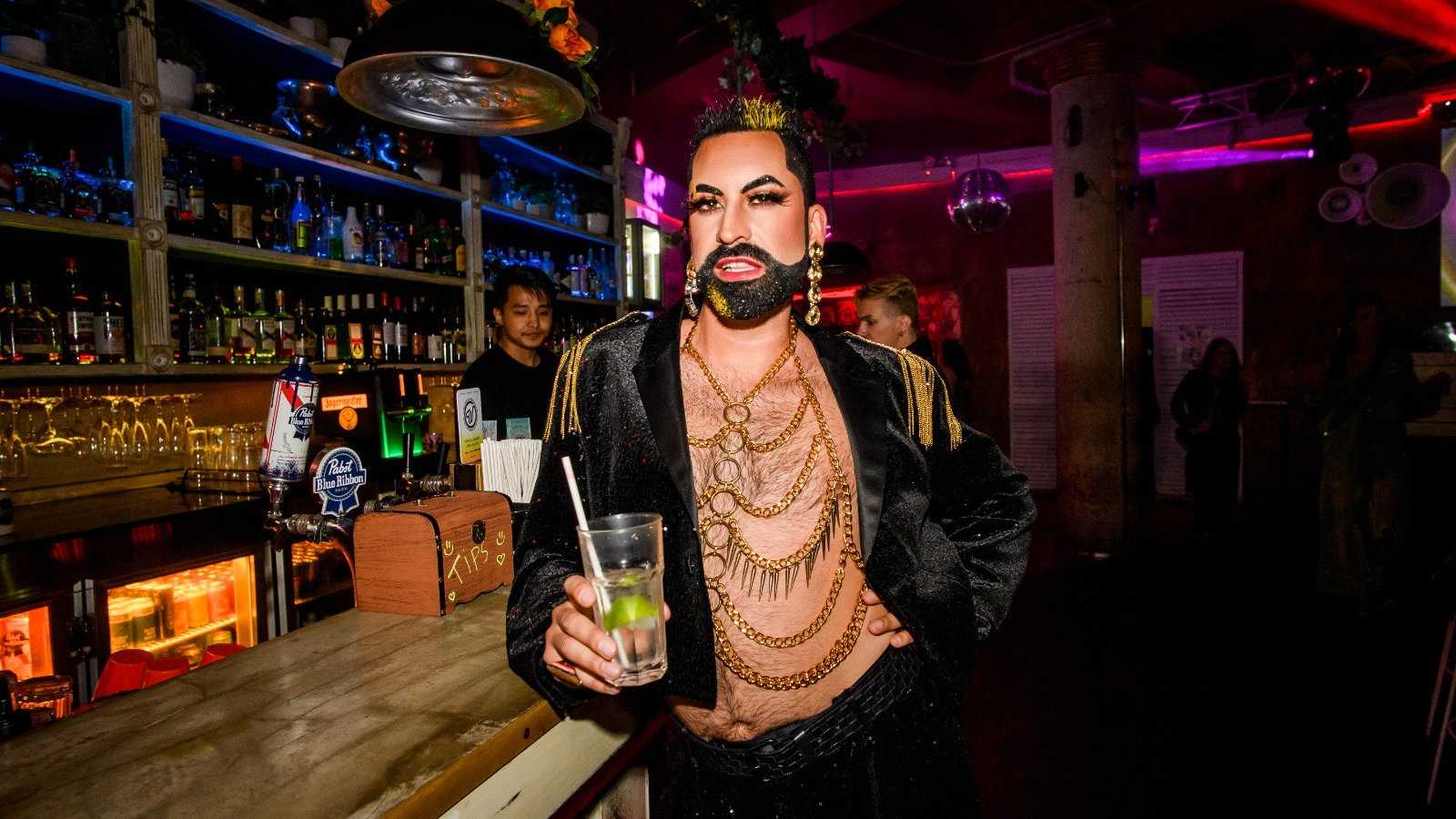 Kevin in the City looking fierce and leaning on the bar at Universal in Sydney, Australia.