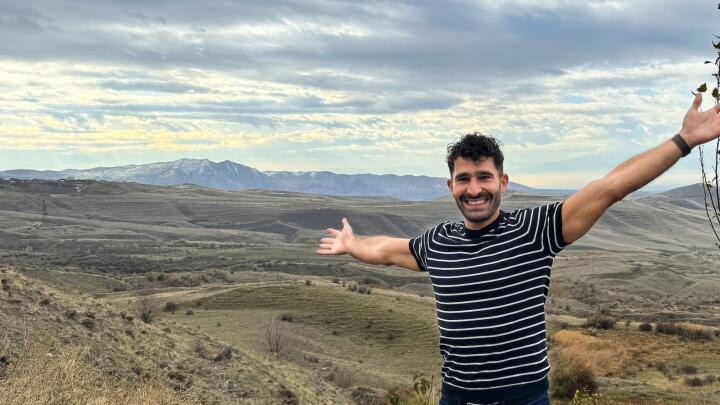 Stefan in the Armenia countryside with Mount Ararat behind him.