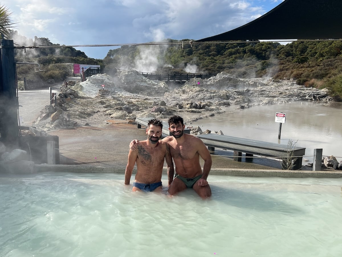 Gay couple at the Geothermal Mudbaths of Hells Gate.