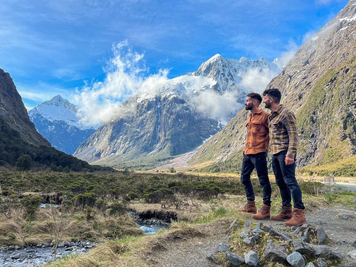 Gay couple tramping in New Zealand.