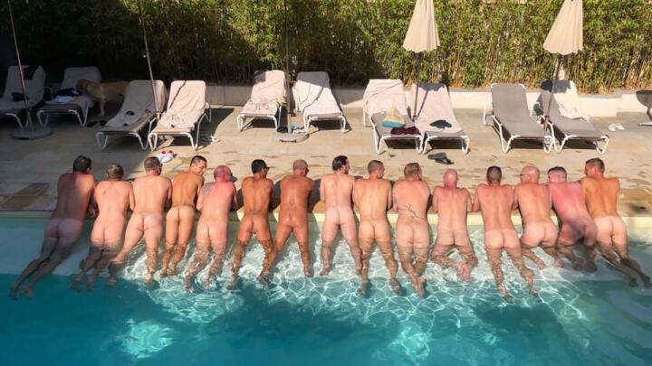Group of naked men at the swimming pool of the Naked French Villa experience of Everything To Sea.