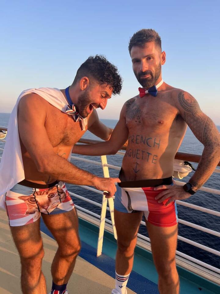 Gay couple Stefan and Seby in UK and France boxer shorts on a gay cruise.