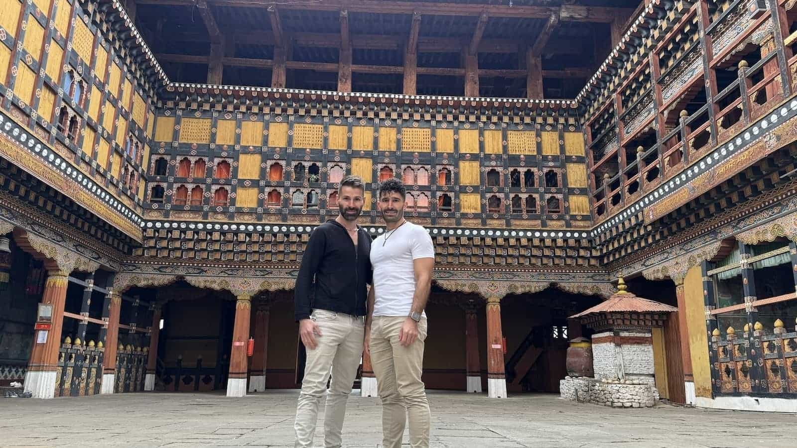 Gay couple at the Paro Dzong in Bhutan.