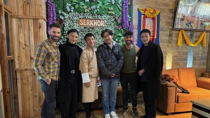 Group of LGBTQ people in Thimphu, Bhutan with Stef and Seby Nomadic Boys.
