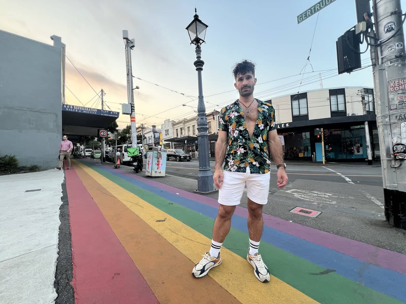 Stefan on the Smith and Gertrude Street rainbow crossing in the gay area of Melbourne.