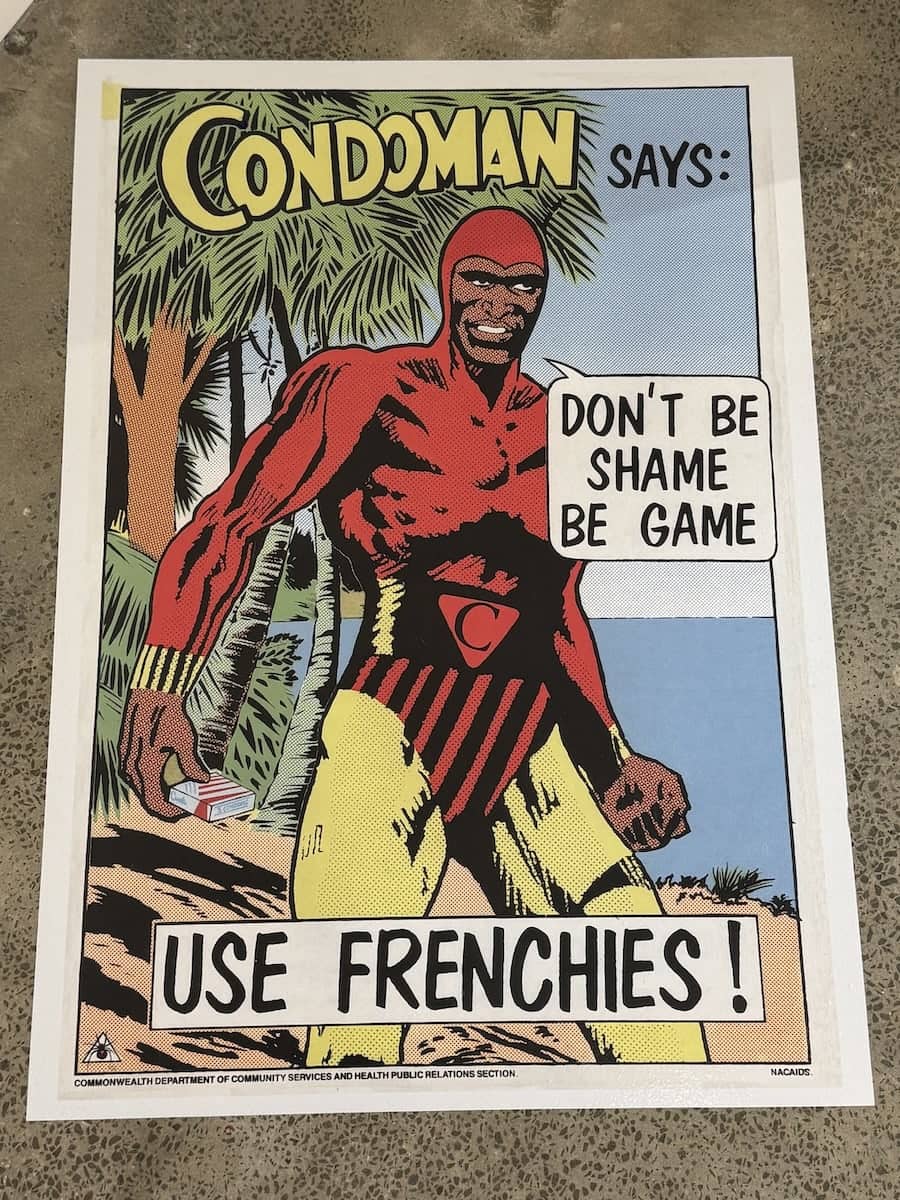 Condom Man sardonic art for Sydney Mardi Gras.