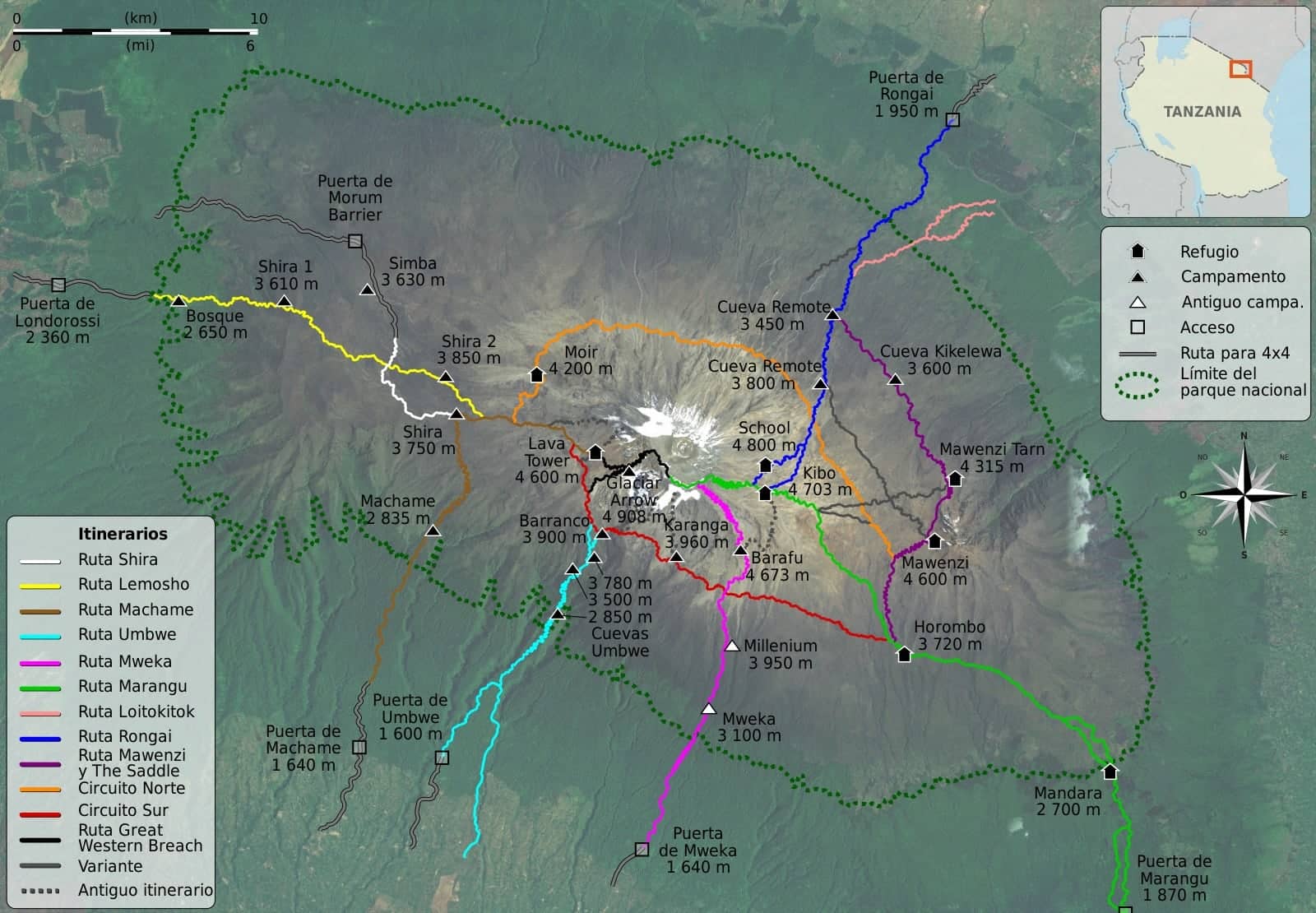 Map of the climbing routes around Mount Kilimanjaro