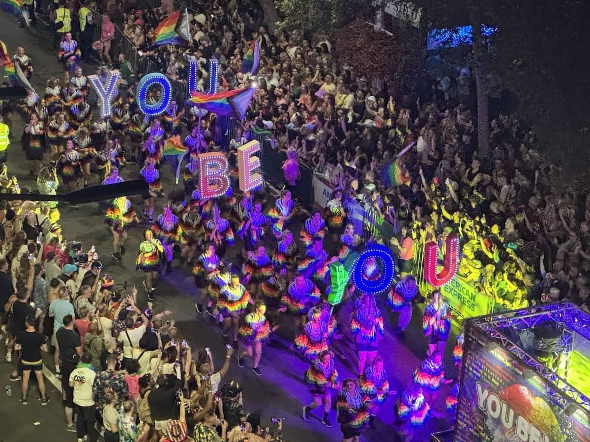 The crowds and parade at Sydney Mardi Gras.