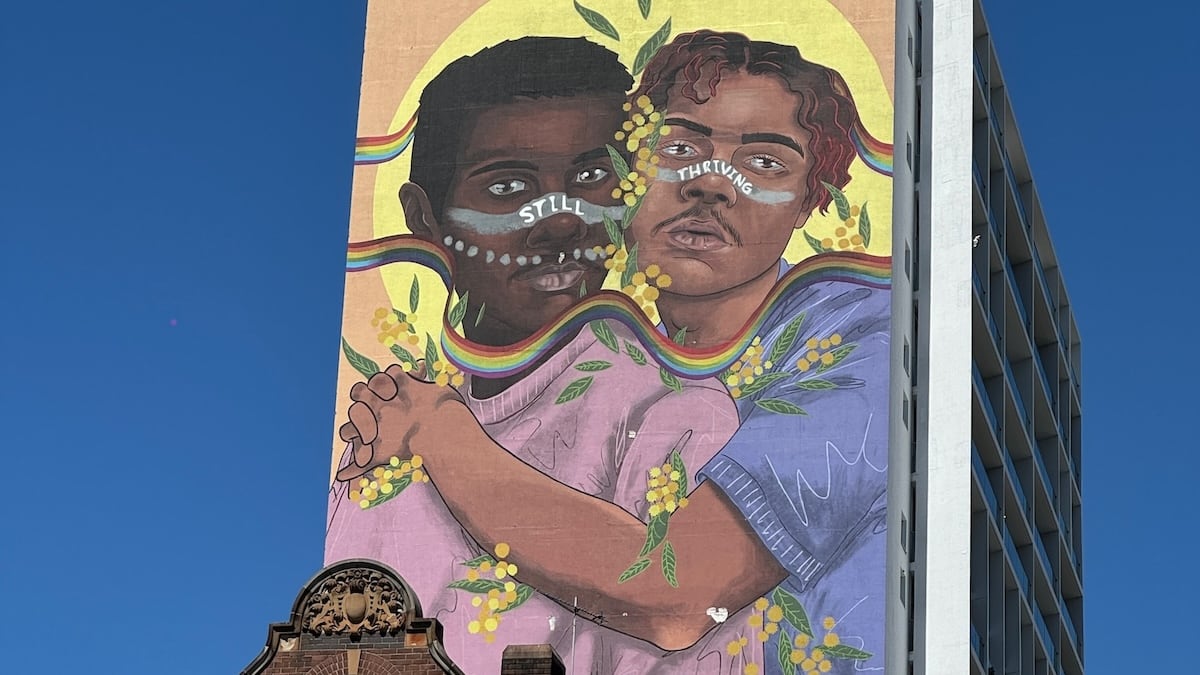 Beautiful queer street art mural in Sydney for Mardi Gras Festival.