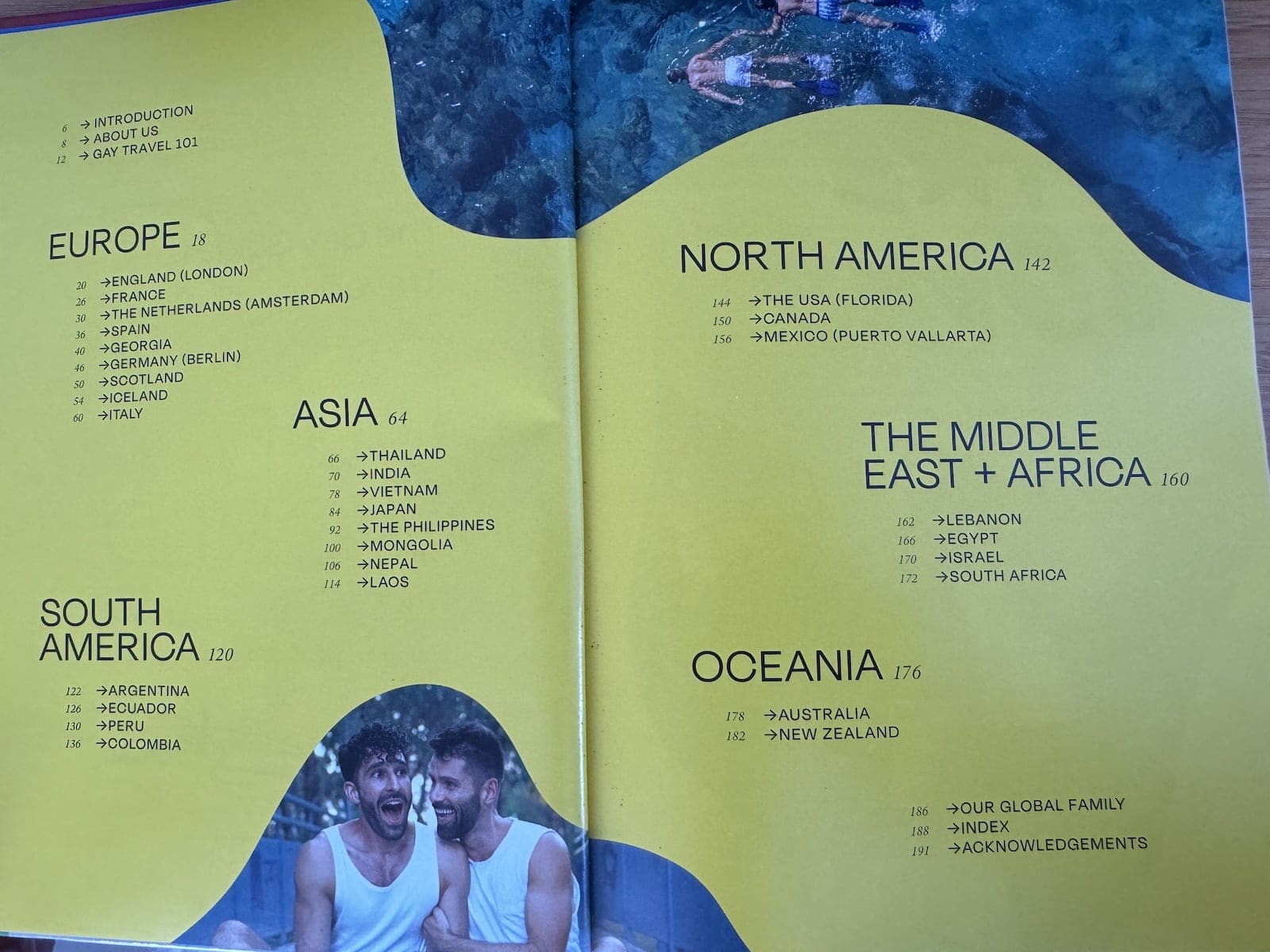 The Contents page list of destinations in our gay travel book.