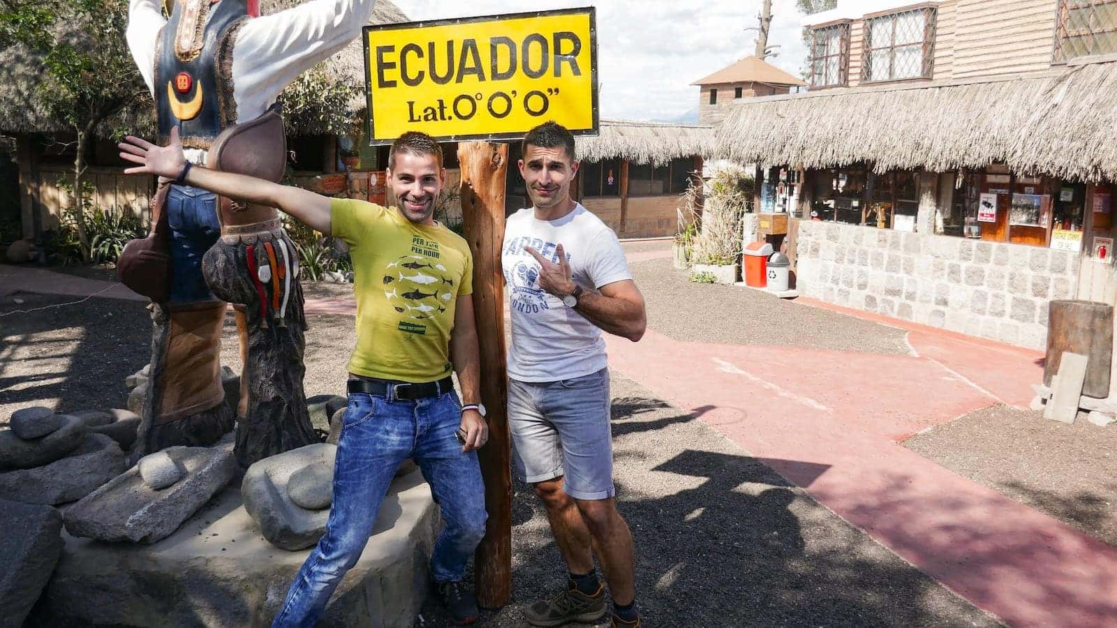 Gay couple at the equator line Mitad del Mundo in Quito, Ecuador.