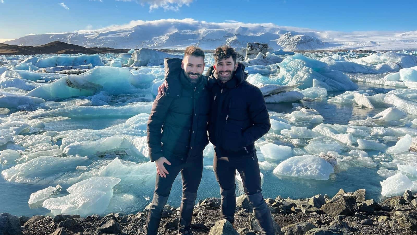 Gay couple at Diamond Beach in Iceland.