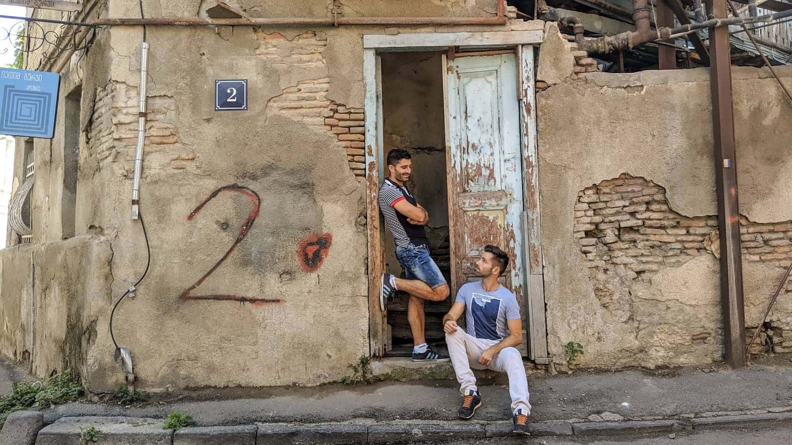 Gay couple in Tbilisi Old Town in Georgia.