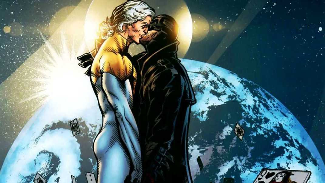 A colored panel of comic characters Apollo and Midnighter sharing a kiss in front of the Earth.