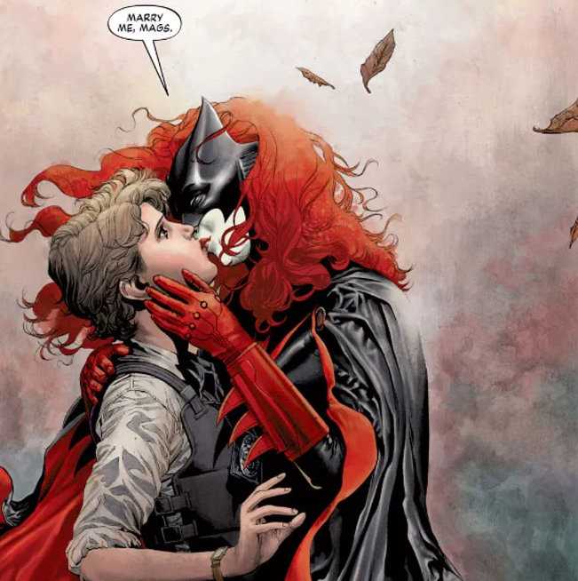 A colored comic panel showing Batwoman kissing her girlfriend and proposing.