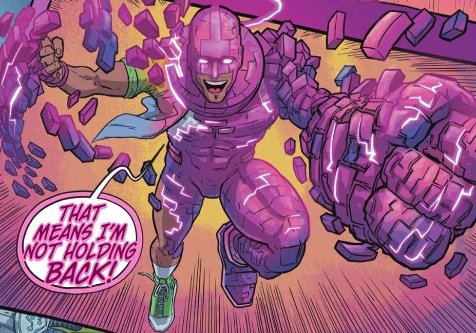 A brightly colored comic panel showing Bunker from Teen Titans covering in pink rock.