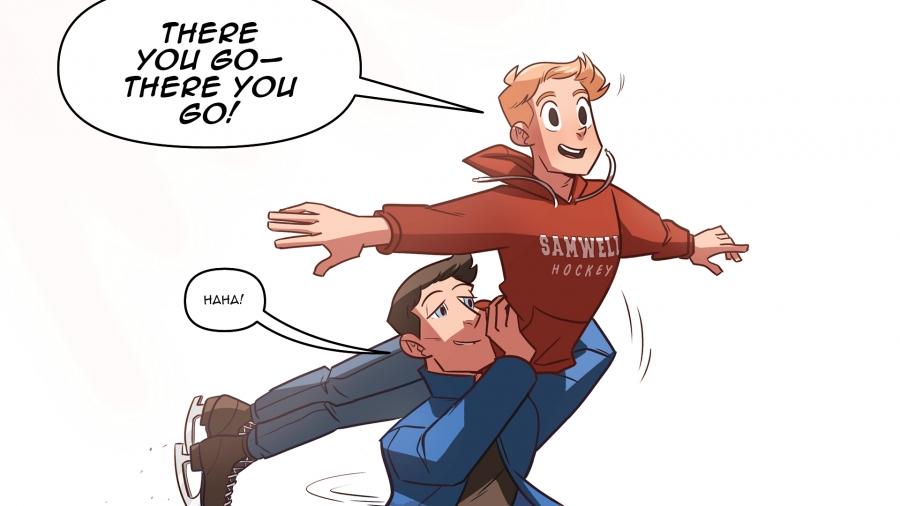 Two men ice-skating in a colored panel from the gay web comic Check, Please!