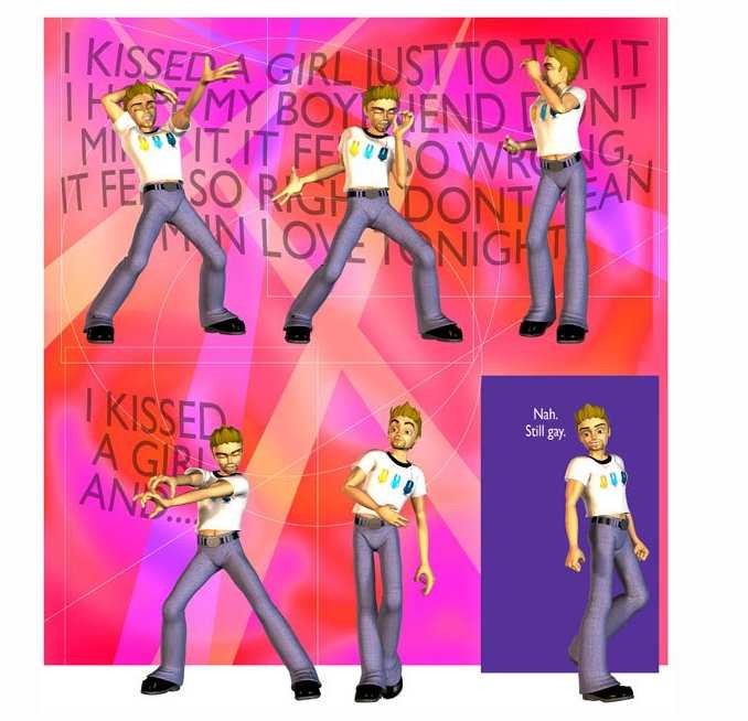 A 3D rendered comic panel of a gay guy dancing in a club.