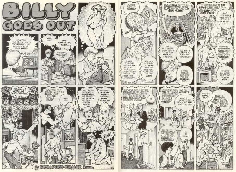 An old black and white two page spread of a comic from the Gay Comix compendium.