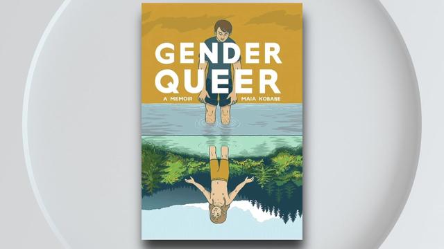 The cover of the Gender Queer comic book sitting on a white plate/