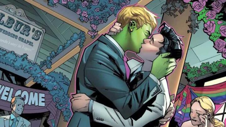 A colored comic panel showing the wedding of Hulkling and Wiccan from Marvel.