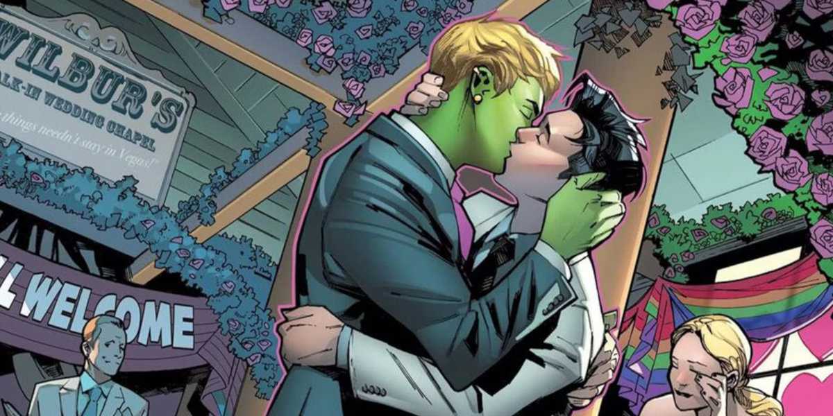 A colored comic panel showing the wedding of Hulkling and Wiccan from Marvel.