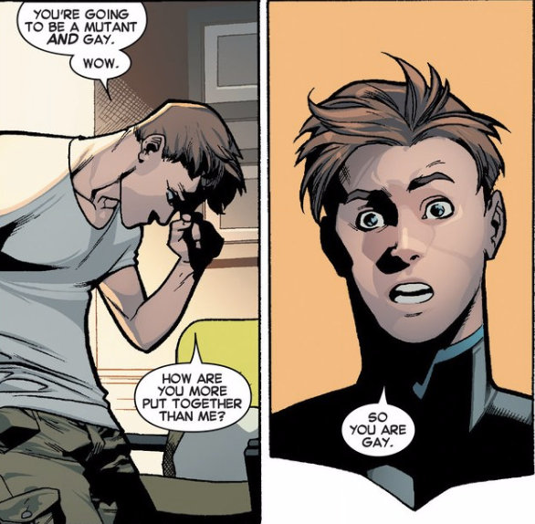 A comic panel showing younger and older versions of Iceman from X-Men talking about being gay.