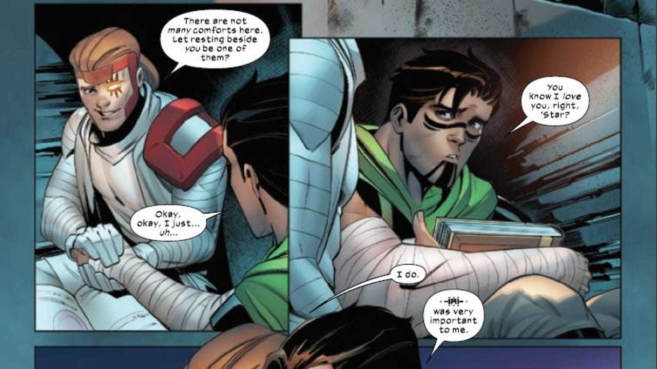 A 2-panel colored comic showing Rictor and Shatterstar saying they love each other.