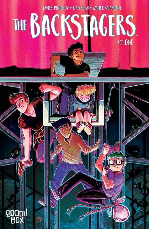 The colorful cover of The Backstagers comic book.