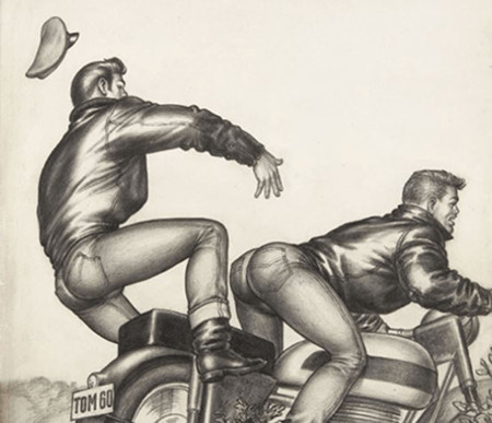 A drawing of two men on a motorbike, one falling off, by Tom of Finland.