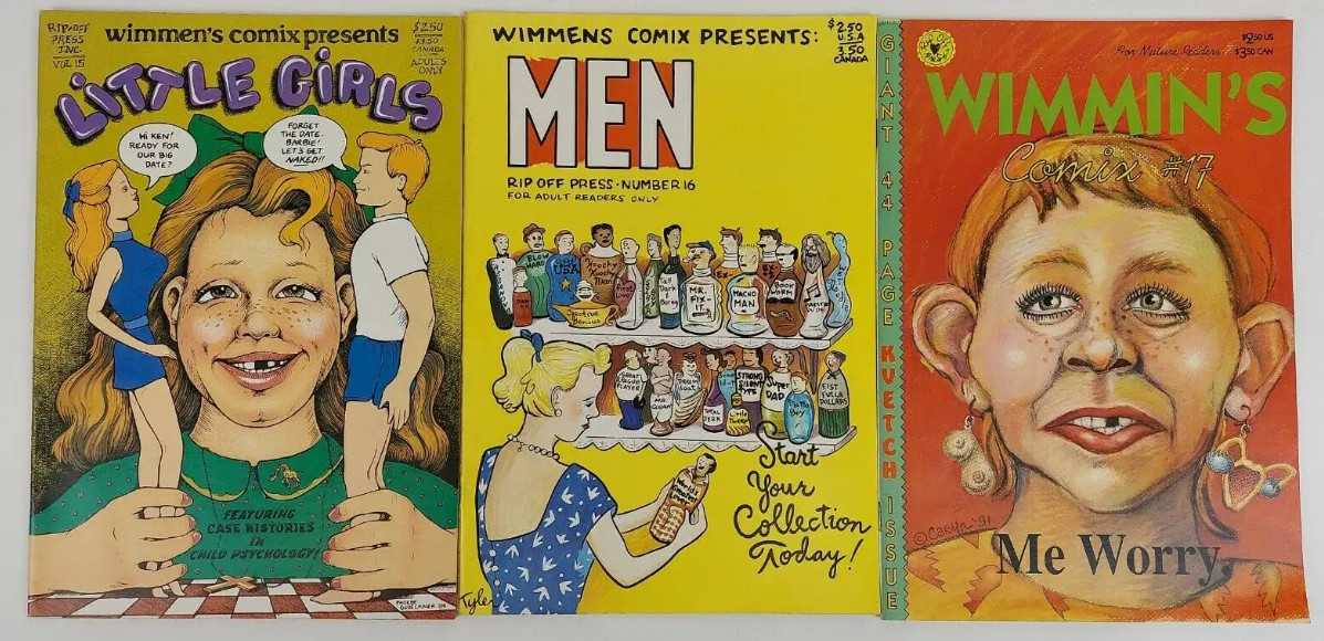 A set of three vintage Wimmen's Comix comic books.