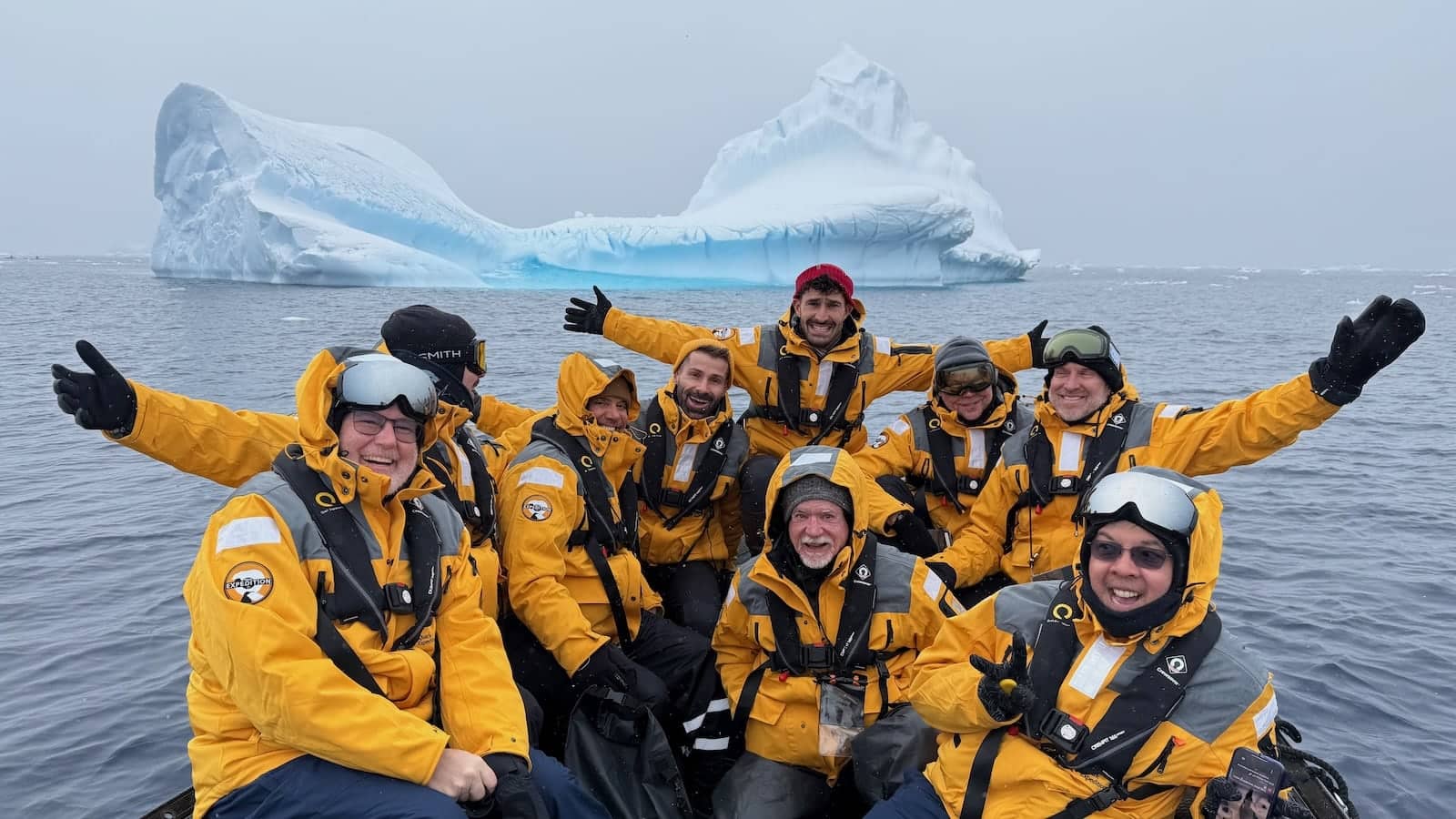 Gay group Zodiac boat on Antarctica gay cruise.