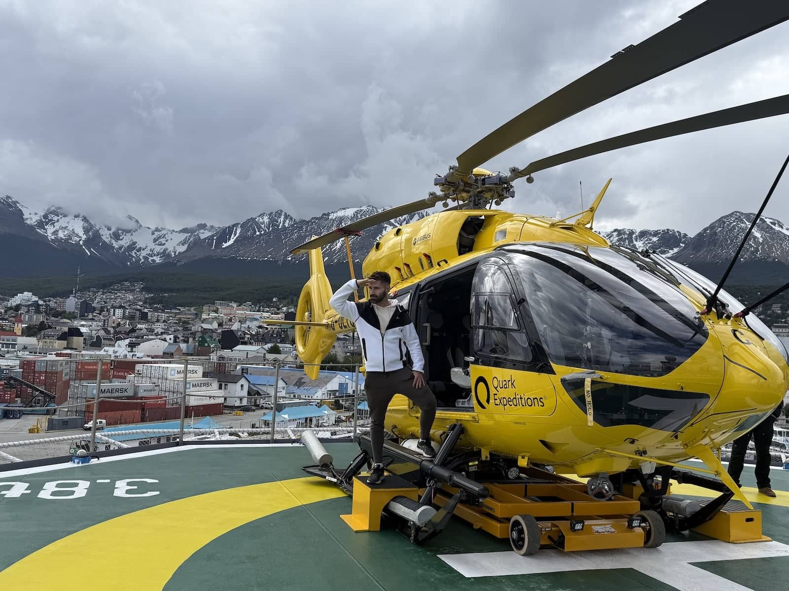 Helicopter and Seby on the Quark Expeditions Ultramarine Ship.