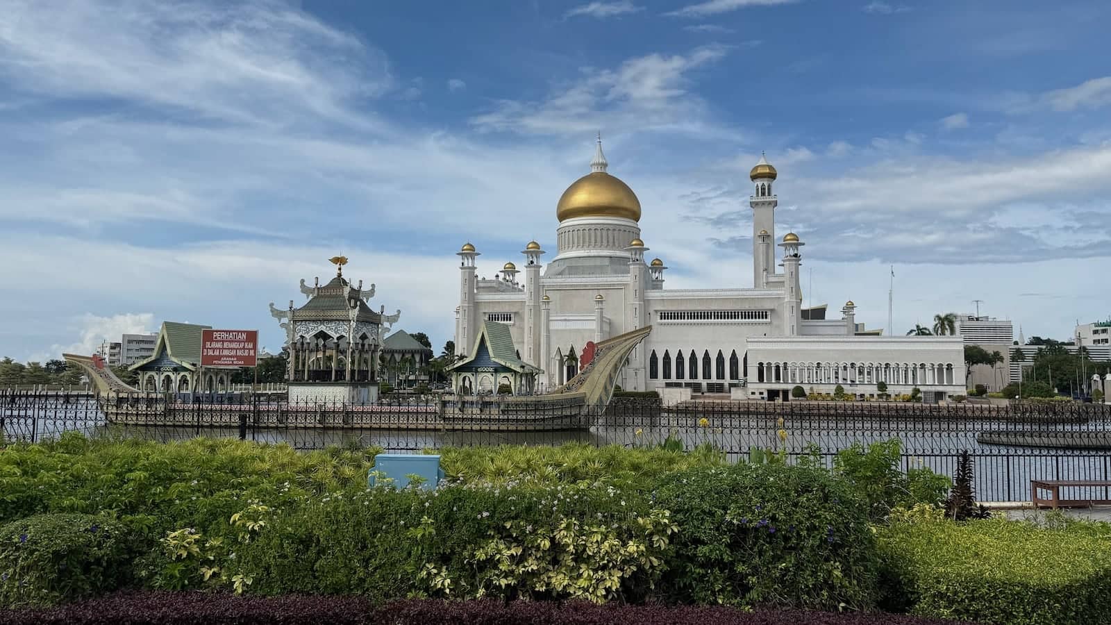 River view of the impressive Omar Al Saifuddien Mosque in Brunei.